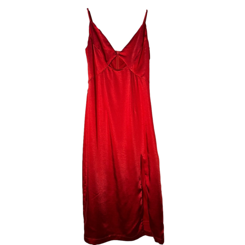 LULU’s Women’s Red Satin Cutout bodycon Dress X Small Spaghetti Straps Side Slit - Picture 4 of 8